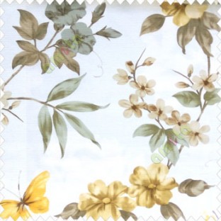 Brown white grey yellow color natural flower long leaf elegant look mike flower daisy flower buds big leaf and small leaf pattern poly fabric main curtain